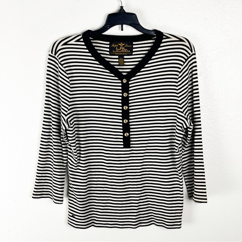 LAUREN RALPH LAUREN Black White Striped Long V-Neck Button Accent Top Large